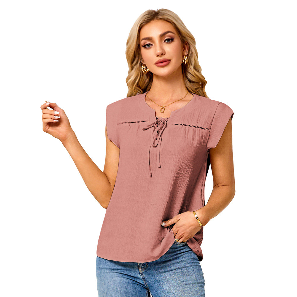 Jasambac Women Notched Neck Tops Loose Fit Casual Cap Sleeve Lace-up Neck Tops