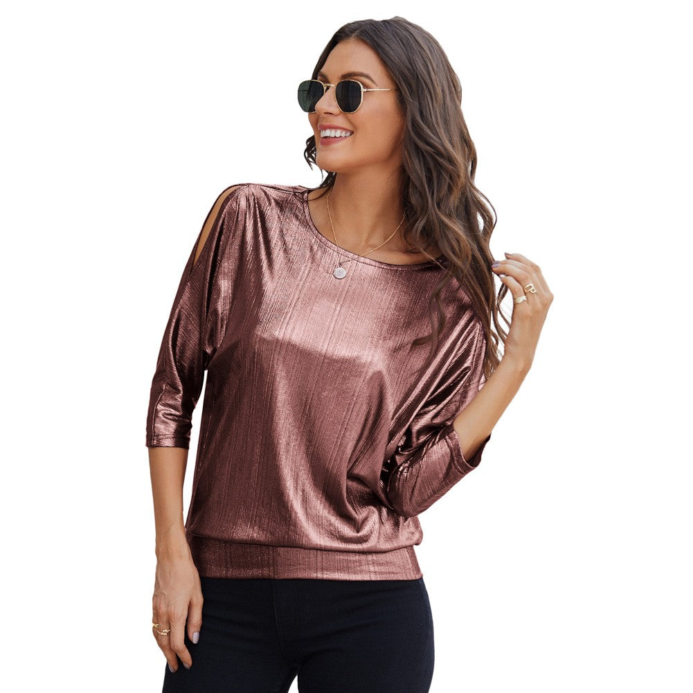 Jasambac Women Metallic-Like Tops Loose Fit 3/4 Sleeve Crew Neck Tops