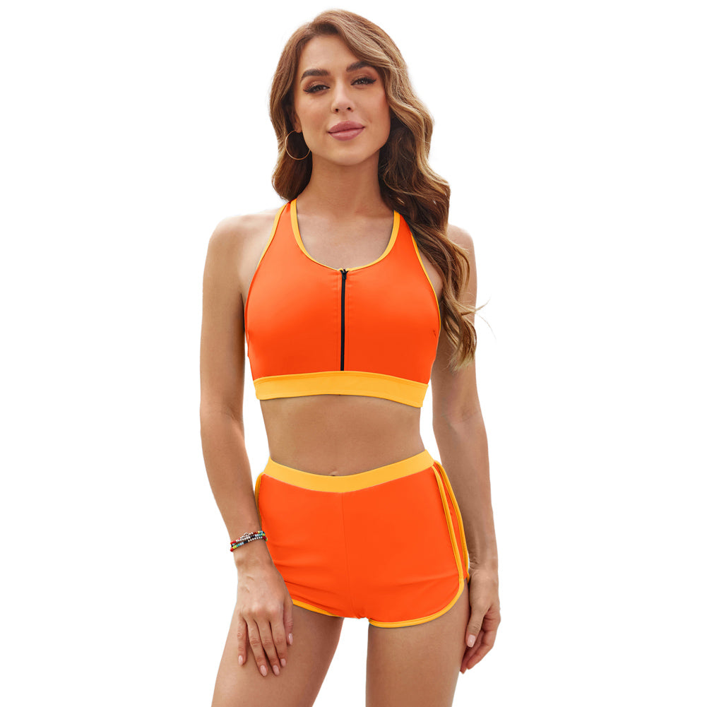 Jasambac Women Contrast Color Swimsuit Elastic Hem Padded Tops+Briefs Swimwear