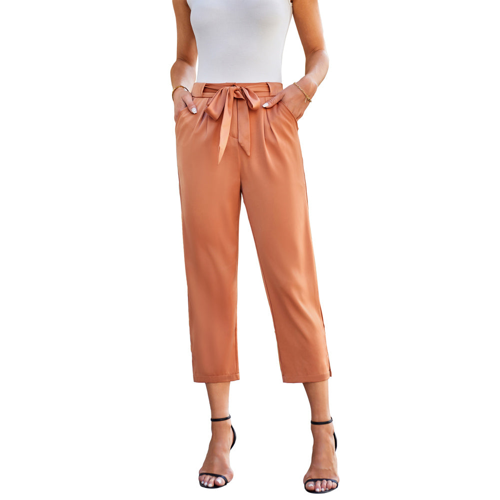 Jasambac Women Capri Pants Elastic Waist Slit Leg Opening Cropped Pants