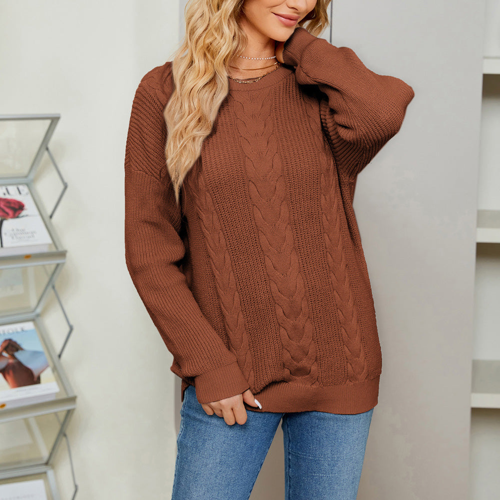 Jasambac Women Cable Knitted Sweater Dropped Shoulder Crew Neck Pullover Jumper