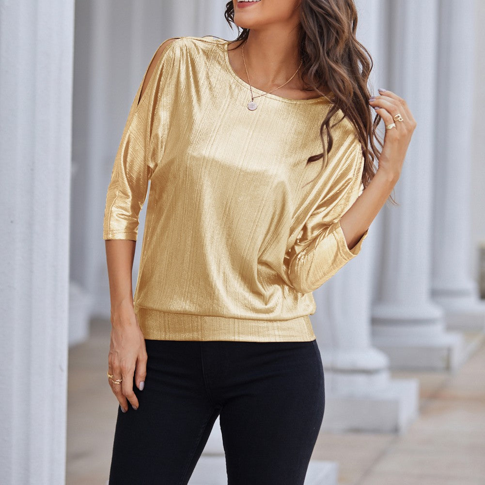 Jasambac Women Metallic-Like Tops Loose Fit 3/4 Sleeve Crew Neck Tops