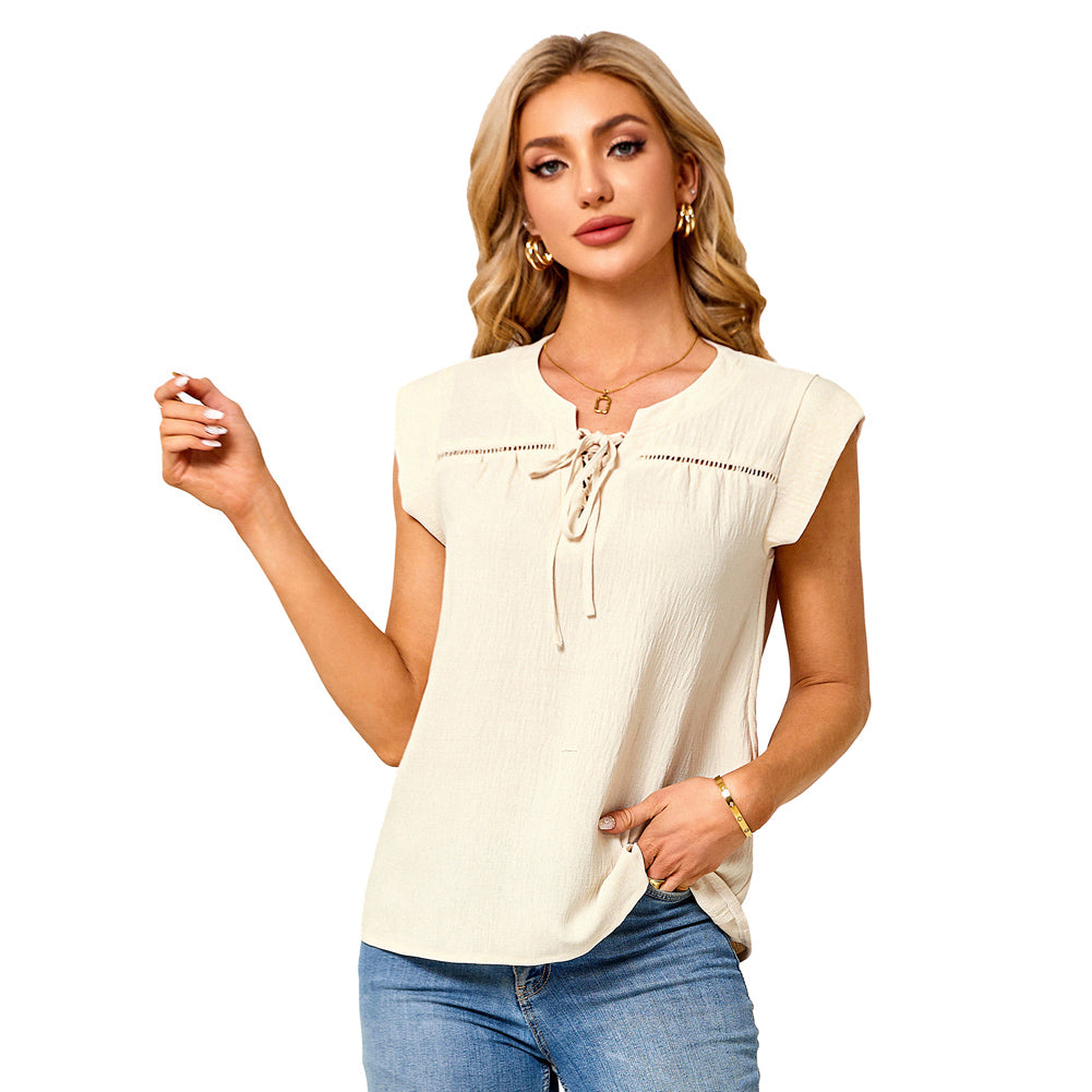 Jasambac Women Notched Neck Tops Loose Fit Casual Cap Sleeve Lace-up Neck Tops