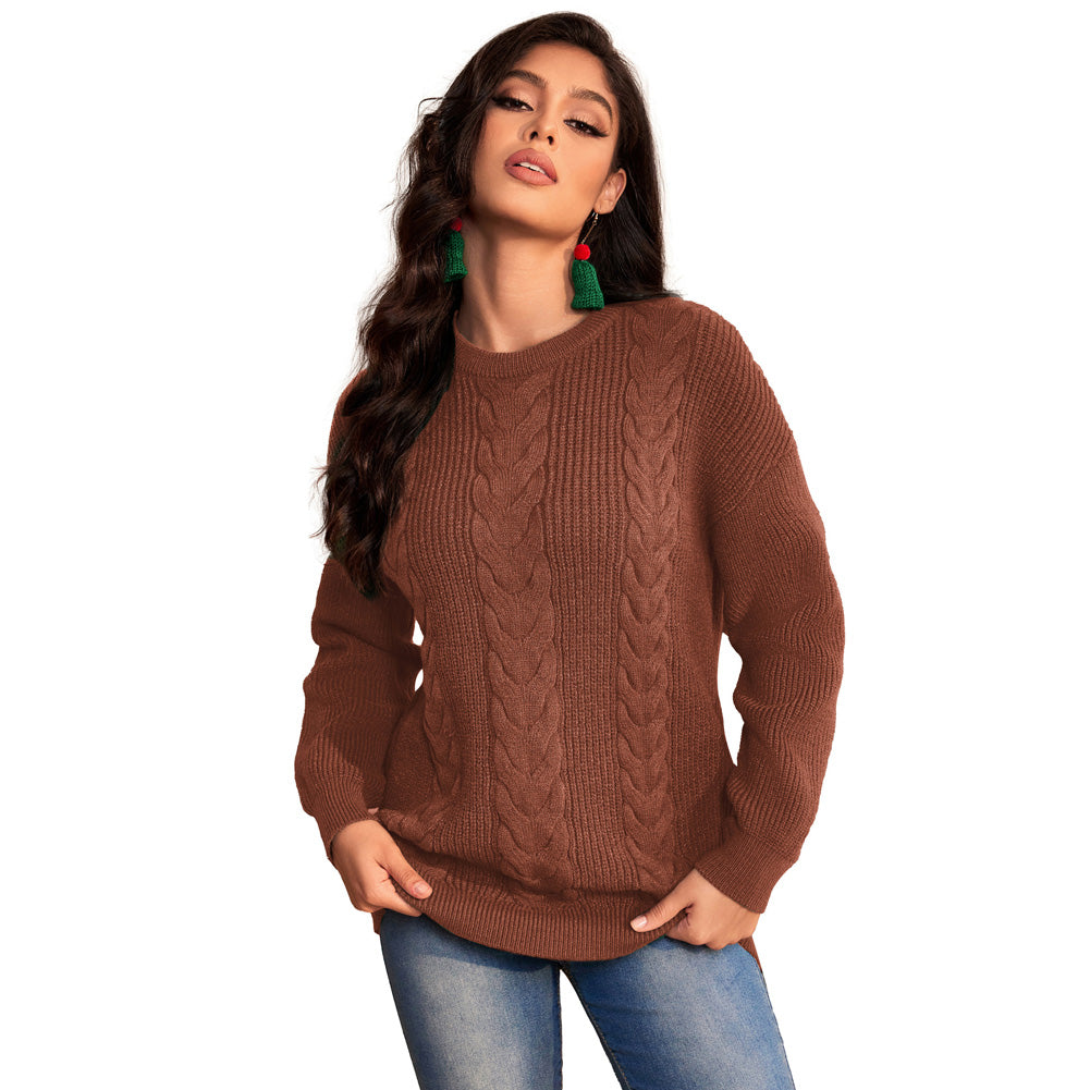 Jasambac Women Cable Knitted Sweater Dropped Shoulder Crew Neck Pullover Jumper